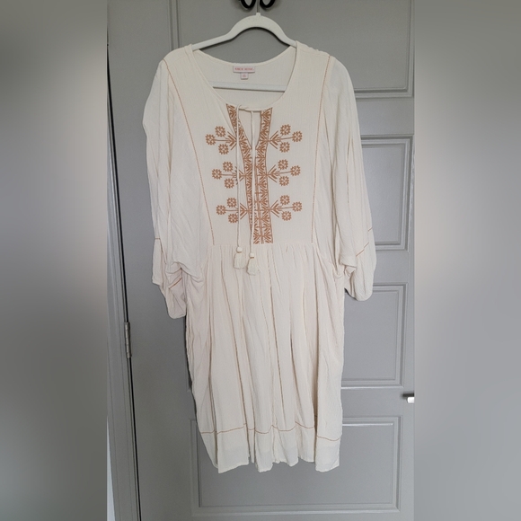 Boho Embroidered Tassel Peasant Top in Cream with Tan Stitching - Picture 2 of 5